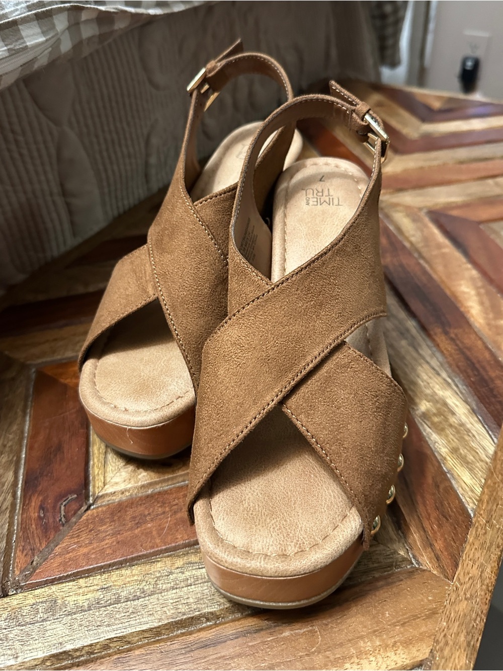 Time and Tru Brown Suede Crisscross Wedge Sandals